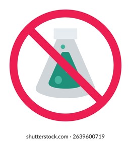 Forbidden sign with chemistry flask icon, no chemical experiment allowed sign, erlenmeyer flask prohibition sign, no laboratory work symbol
