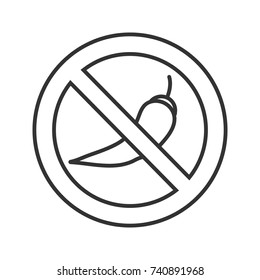 Forbidden sign with chilli pepper linear icon. Not spicy. Thin line illustration. Stop contour symbol. Vector isolated outline drawing