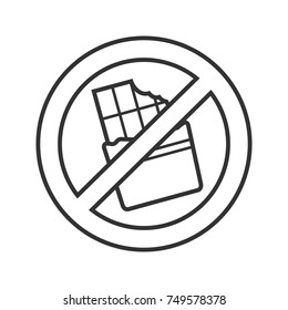 Forbidden sign with chocolate bar linear icon. Thin line illustration. No sweet food prohibition. Stop contour symbol. Vector isolated outline drawing