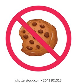 Forbidden sign with chocolate chip cookie icon, no biscuits allowed sign, cookies prohibition symbol, forbidden purse sign, do not eat sweets, don't eat sweet food