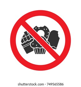 Forbidden sign with confectionery glyph icon. Stop silhouette symbol. No sweets prohibition. Negative space. Vector isolated illustration