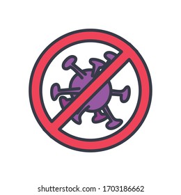 forbidden sign with covid 19 symbol icon over white background, flat style, vector illustration