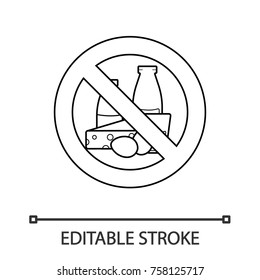 Forbidden sign with dairy linear icon. Lactose free. Thin line illustration. Stop contour symbol. Vector isolated outline drawing. Editable stroke
