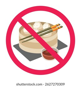 Forbidden sign with dimsum siomay dumplings icon, no dimsum allowed sign, do not eat siomay symbol