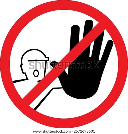 Forbidden sign do not enter construction site with worker with helmet stretching arm with hand. Illustration made January 17th, 2025, Zurich, Switzerland.