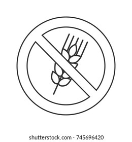 Forbidden sign with ears of wheat linear icon. Thin line illustration. Gluten free. Stop contour symbol. Vector isolated outline drawing