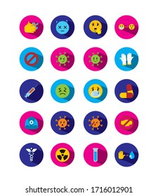 forbidden sign and emojis coronavirus icon set over white background, block style, vector illustration