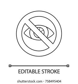 Forbidden sign with eye linear icon. Thin line illustration. No looking, watching prohibition. Blind zone. Contour symbol. Vector isolated outline drawing