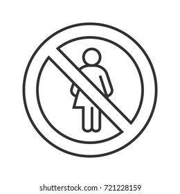 Forbidden sign with female silhouette linear icon. Thin line illustration. No woman prohibition. Stop contour symbol. Vector isolated outline drawing