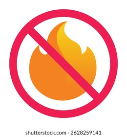 Forbidden sign with fire icon, no fire allowed sign, flame prohibition sign, no fire flame symbol
