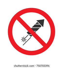 Signo prohibido con icono de glifo de cohete de fuegos artificiales. No hay prohibición pirotécnica. Detén el símbolo de silueta. Espacio negativo. Ilustración aislada de vectores