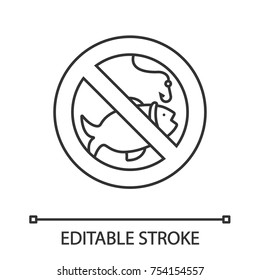 Forbidden sign with fish linear icon. Thin line illustration. No fishing prohibition. Stop contour symbol. Vector isolated outline drawing. Editable stroke