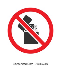 Forbidden sign with flip lighter glyph icon. Stop silhouette symbol. No smoking prohibition. Negative space. Vector isolated illustration