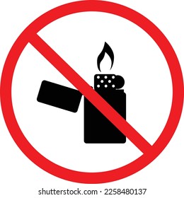 Forbidden sign with flip lighter icon on white background. Stop silhouette symbol. No smoking prohibition sign. flat style. 