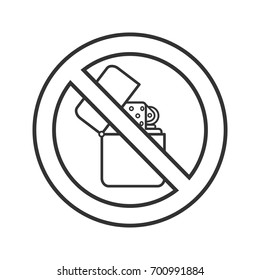 Forbidden sign with flip lighter linear icon. No smoking prohibition. Thin line illustration. Stop contour symbol. Vector isolated outline drawing.