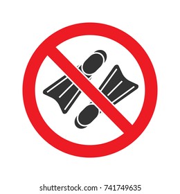 Forbidden sign with flippers glyph icon. Stop silhouette symbol. No diving prohibition. Negative space. Vector isolated illustration
