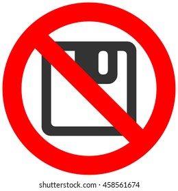Forbidden sign with floppy icon isolated on white background. Diskette is prohibited vector illustration. Saving is not allowed image. Floppy discs products are banned.