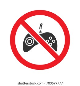 Forbidden sign with gamepad glyph icon. Stop silhouette symbol. No video games prohibition. Negative space. Vector isolated illustration