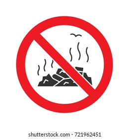 Forbidden sign with garbage dump glyph icon. Stop silhouette symbol. No littering prohibition. Negative space. Vector isolated illustration