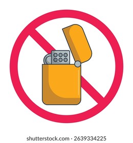 Forbidden sign with gass lighter icon, no fire lighter allowed sign, fire starter prohibition sign, do not use lighter symbol