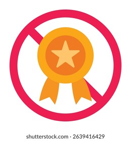 Forbidden sign with gold medal reward icon, no winner trophy award sign, trusted certificate prohibition sign, best quality badge forbidden icon
