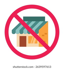 Forbidden sign with grocery store icon, no shop market allowed sign, store building prohibition sign, supermarket or minimarket forbidden sign
