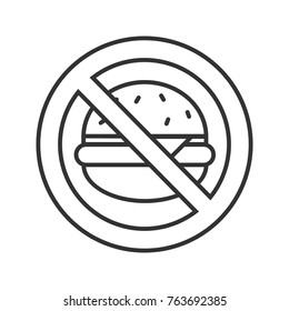 Forbidden sign with hamburger linear icon. No fast food prohibition. Healthy nutrition. Thin line illustration. No eating. Stop contour symbol. Vector isolated outline drawing