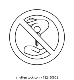 Forbidden sign with hand giving key to another hand linear icon. Thin line illustration. Stop contour symbol. Vector isolated outline drawing