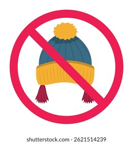 Forbidden sign with hat icon, no headwear prohibition sign, forbidden to wear hat sign, flat icon design vector illustration