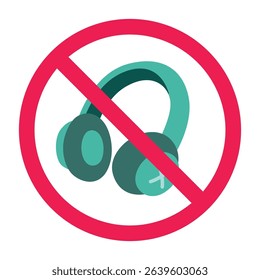 Forbidden sign with headphone icon, no headphones allowed sign, headphone prohibition sign, do not use audio headset 