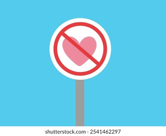 Forbidden sign with heart icon. No love symbol. Vector flat design