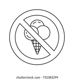 Forbidden sign with ice cream linear icon. Thin line illustration. No sweets prohibition. Stop contour symbol. Vector isolated outline drawing