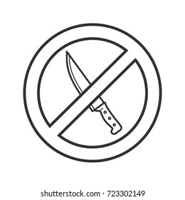 Forbidden sign with knife linear icon. No weapon prohibition. Thin line illustration. Stop contour symbol. Vector isolated outline drawing