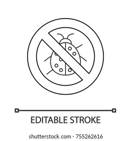 Forbidden sign with ladybug linear icon. No insects repellent. Stop contour symbol. Thin line illustration. Vector isolated outline drawing. Editable stroke