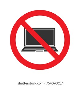 Forbidden sign with laptop glyph icon. No computer using prohibition. Stop silhouette symbol. Negative space. Vector isolated illustration