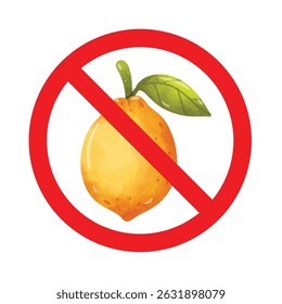 Signo prohibido con el icono de la fruta del limón, ningún signo permitido del limón, símbolo de la prohibición del limón, no coma el signo del limón