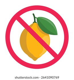 Forbidden sign with lemon fruit icon, no lemons allowed sign, lemon fruit prohibition symbol, do not eat lemon
