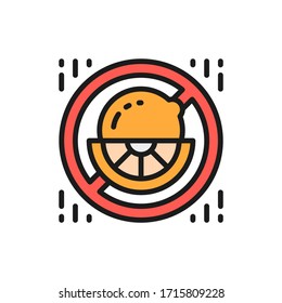 Forbidden sign with lemons, citrus allergy flat color line icon.