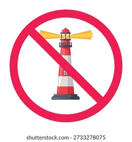 Forbidden sign with lighthouse icon, do not enter lighthouse sign, no climbing lighthouse prohibited symbol, lighthouse access forbidden sign, vector illustration