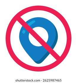 Forbidden sign with map pin icon, no location allowed sign, map pin prohibition symbol