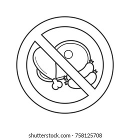 Forbidden sign with meat products linear icon. Thin line illustration. Sausage, ham, chicken leg in prohibition circle. Stop contour symbol. Vector isolated outline drawing