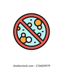 Forbidden sign with microbes, antibacterial, no bacteria flat color line icon.