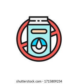 Forbidden sign with milk packaging, lactose allergy flat color line icon.