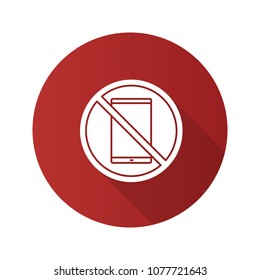 Forbidden sign with mobile phone flat design long shadow glyph icon. No smartphone prohibition. Vector silhouette illustration