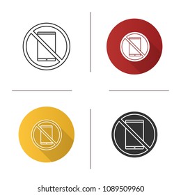 Forbidden sign with mobile phone icon. No smartphone prohibition. Flat design, linear and glyph styles. Isolated vector illustrations