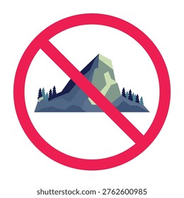 Forbidden sign with mountain icon, no mountain sign, no mountain climbing prohibition sign vector, do not hike symbol, no hiking sign, vector illustration

