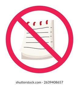 Forbidden sign with notepad icon, no notepad allowed sign, taking notes prohibition sign, do not taking notes