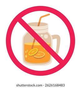 Forbidden sign with orange juice icon, no orange juice allowed sign, orange juice prohibition symbol