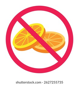 Forbidden sign with orange slices icon, no orange allowed sign, orange prohibition sign, do not eat citrus symbol