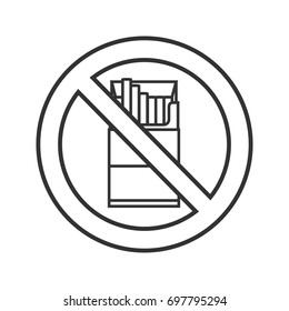 Forbidden sign with pack of cigarettes linear icon. No smoking. Thin line illustration. Stop contour symbol. Vector isolated outline drawing
